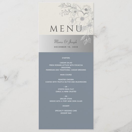 Elegantes Dusty Blue Wedding Menu Menükarte (Vorderseite)