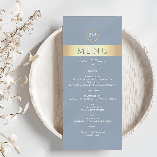 Elegantes Dusty Blue Wedding Menu Menükarte