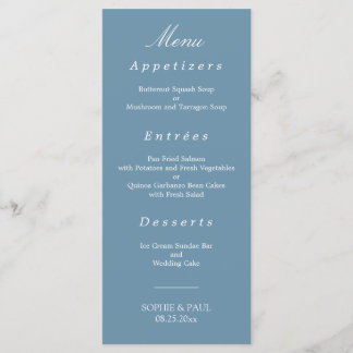 Elegantes Dusty Blue Wedding Menu Menükarte