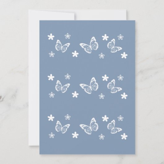 Elegantes Dusty Blue White Butterfly Brautparty Einladung (Rückseite)
