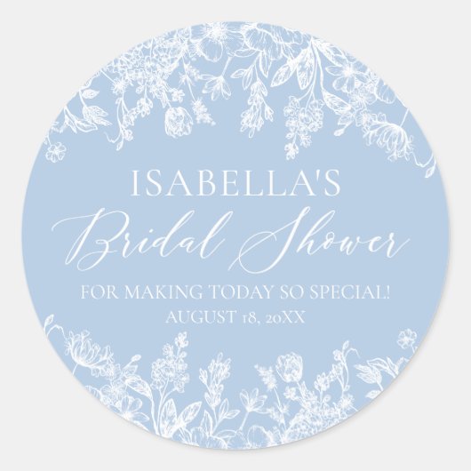 Elegantes Dusty Blue White Wildblume Brautparty Runder Aufkleber (Vorderseite)