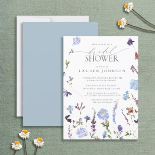 Elegantes Dusty Blue Wildblume Blumengestein Braut Einladung