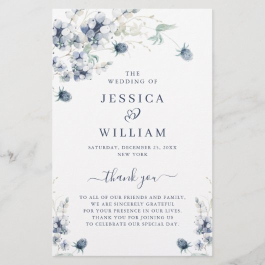 Elegantes Dusty Blue Winter Hochzeitsprogramm (Vorderseite)