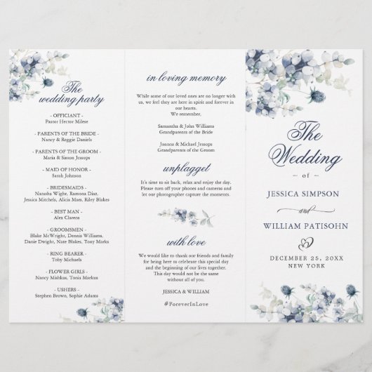 Elegantes Dusty Blue Winter Hochzeitsprogramm (Vorderseite)