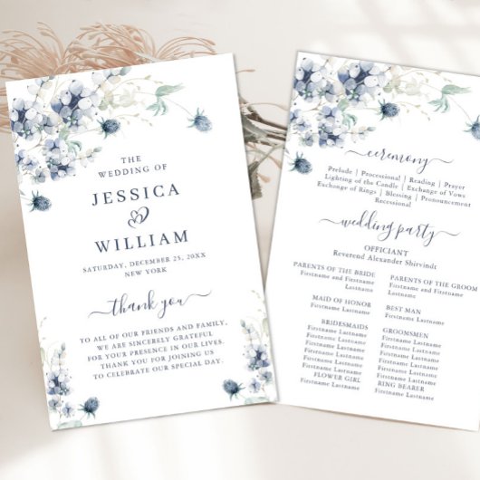 Elegantes Dusty Blue Winter Hochzeitsprogramm