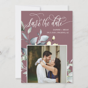 Elegantes Dusty Lila Green Blätter QR Code Foto Save The Date
