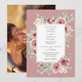 Elegantes Dusty Rose Floral Gold Wedding Foto Einladung
