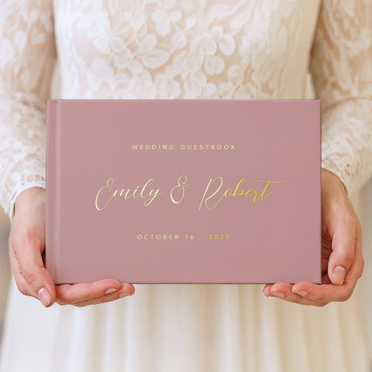 Elegantes Dusty Rose Gold Calligraphy Wedding Foto Gästebuch