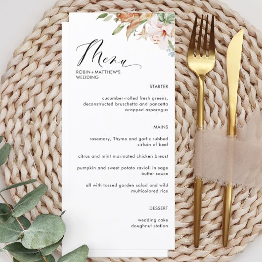 Elegantes "Earthy Blooms" und "White Wedding Menu" Menükarte