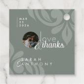 Elegantes Earthy Olive Damask Foto Hochzeit Runde Geschenkanhänger (Rückseite)