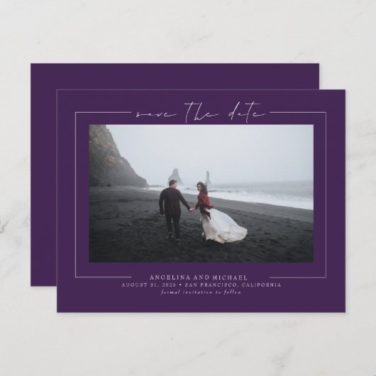 Elegantes Eggplant Lila Save the Date Foto (Vorne/Hinten)