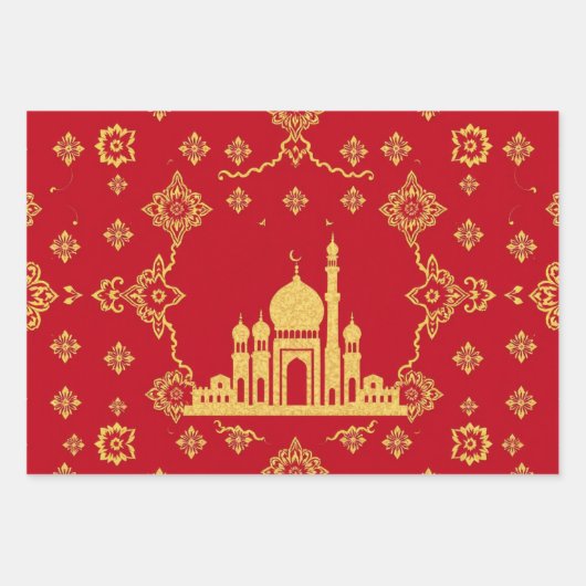 Elegantes Eid Wrapping Paper - Rot und Gold Geschenkpapier Set (Vorderseite 3)