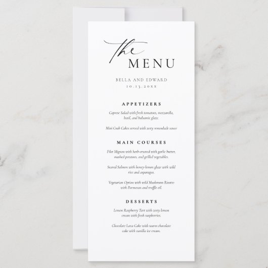 Elegantes einfaches Abendmenü für Hochzeiten (Vorderseite)