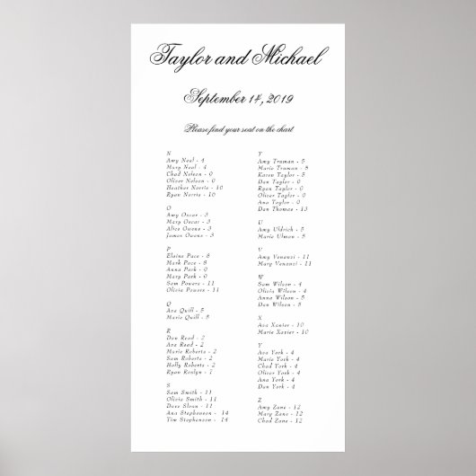 Elegantes, einfaches Alphabetisches Sitzdiagramm N Poster (Vorne)