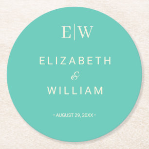 Elegantes einfaches Aquatic Awe mit Monogram Weddi Runder Pappuntersetzer