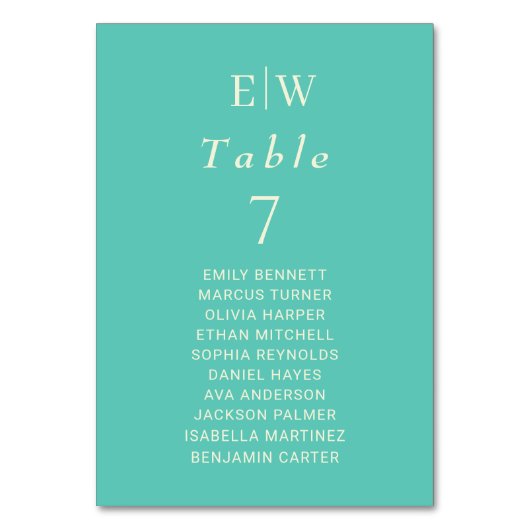 Elegantes einfaches Aquatic Awe mit Monogram Weddi Tischnummer (Vorderseite)