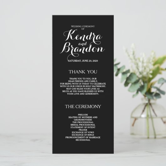 Elegantes einfaches Black Custom Wedding Programm (Stehend Vorderseite)