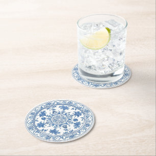 Elegantes einfaches Blau-Weiß-Blumen-Chinoiserie-S Runder Pappuntersetzer