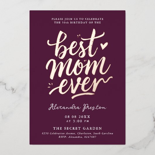Elegantes Einfaches Burgund Best Mama Folieneinladung (Vorderseite)