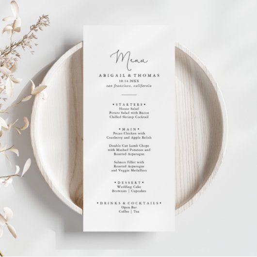 Elegantes einfaches Calligrafy Dinner Menü Menükarte