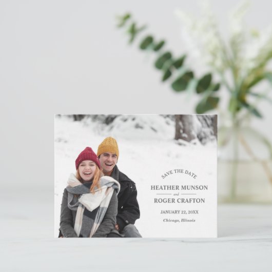 Elegantes, einfaches Foto Hochzeit retten das Datu Ankündigungspostkarte (Stehend Vorderseite)