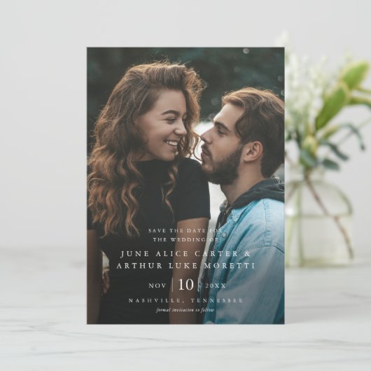 Elegantes einfaches Foto Hochzeit speichern Sie da Einladung (Stehend Vorderseite)