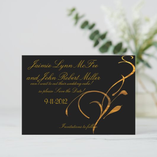 Elegantes einfaches Gold Black Scroll Save the Dat Save The Date (Stehend Vorderseite)
