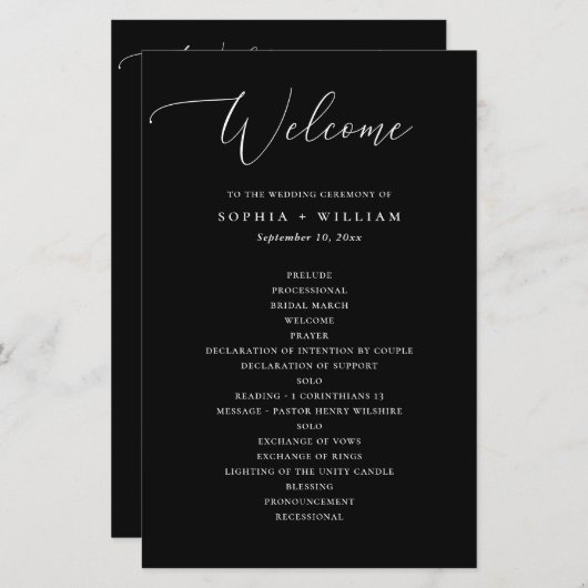 Elegantes einfaches Hochzeitsprogramm in Schwarz-W (Vorne/Hinten)