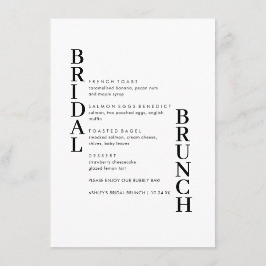 Elegantes einfaches Menü für Textbridal-Brunch Menükarte (Vorderseite)