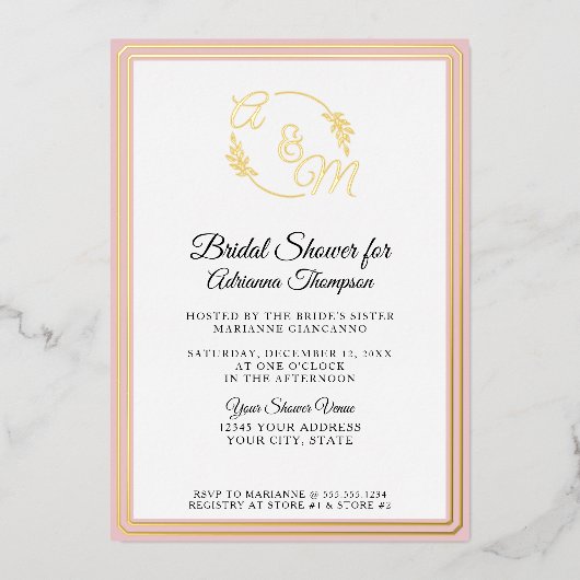 Elegantes einfaches Monogram Pink Gold Brautparty Folieneinladung (Vorderseite)