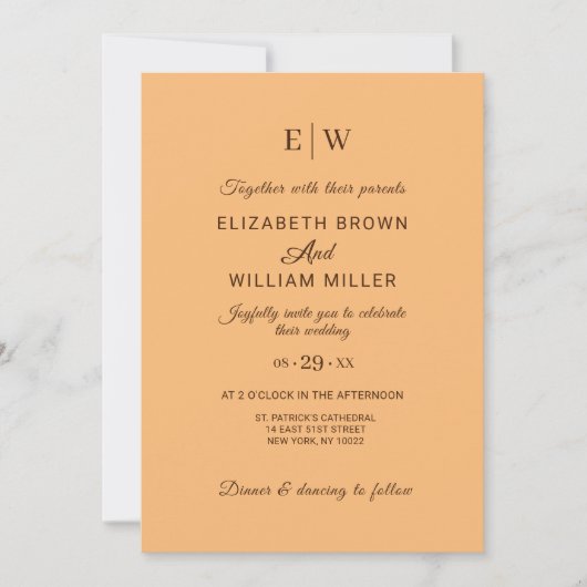 Elegantes einfaches Pfirsich, Monogramm Hochzeit Einladung (Vorderseite)