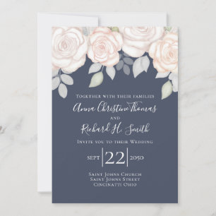 Elegantes einfaches Rosa-Blüten-Navyblau-Laubwerk Einladung