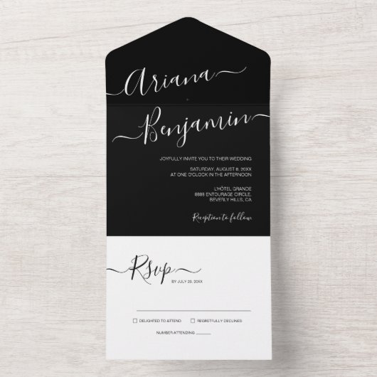 Elegantes einfaches Schwarz-Weiß-Budget All In One Einladung (Innen Boden)