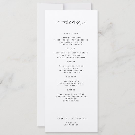 Elegantes einfaches, schwarz-weißes Hochzeitsmenü Einladung (Vorderseite)