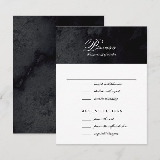 Elegantes einfaches Script Black Goth Wedding RSVP Karte (Vorne/Hinten)