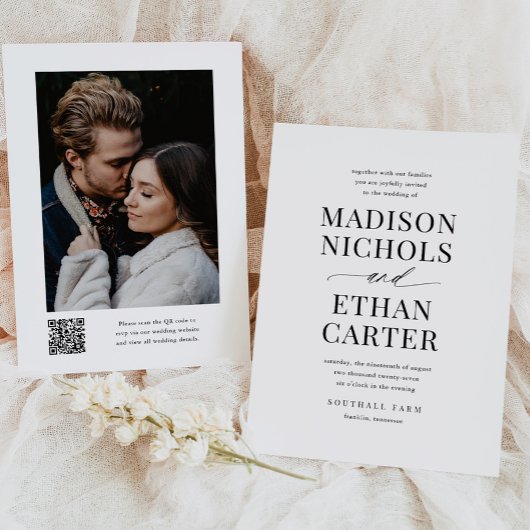 Elegantes einfaches Script QR Code Foto Hochzeit Einladung