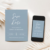 Elegantes einfaches Skript Staubblau Hochzeit Save The Date