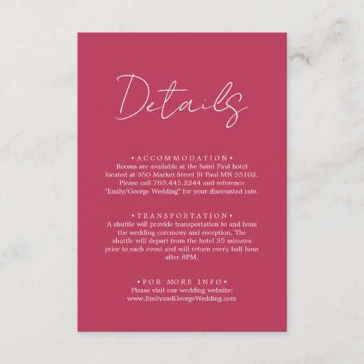 Elegantes einfaches Skript Viva Magenta Wedding De Begleitkarte (Vorderseite)