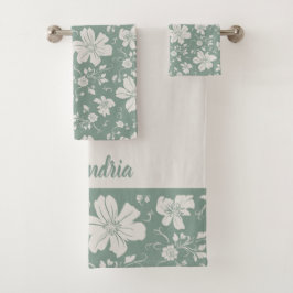 elegantes, einfarbiges Blumenmuster grün Badhandtuch Set