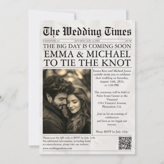Elegantes einzigartiges Zeitungs-Foto Hochzeit Einladung (Vorderseite)