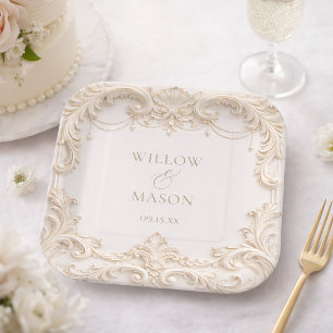 Elegantes Elfenbein Barock Quadrat Hochzeit Pappteller