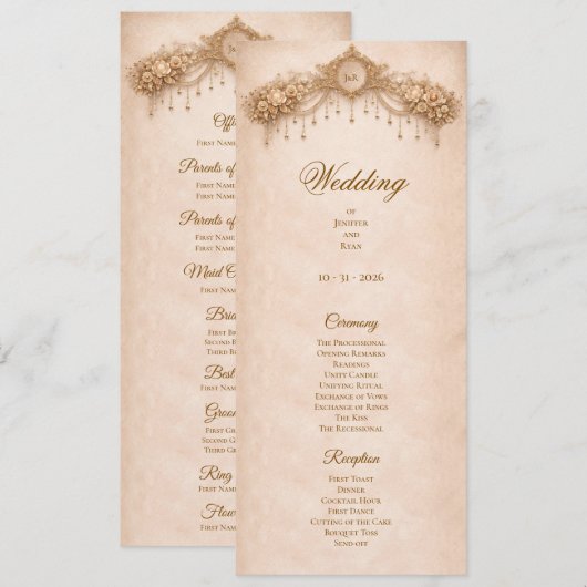 Elegantes Elfenbein-Gotik-Hochzeitsprogramm Hallow Menükarte (Vorne/Hinten)