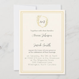 Elegantes Elfenbein & Imitate Gold Wappen mit flor Einladung