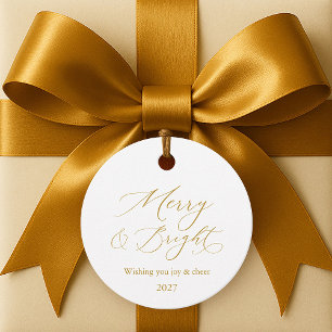 Elegantes Elfenbein „Merry & Bright“ Goldschrift Geschenkanhänger