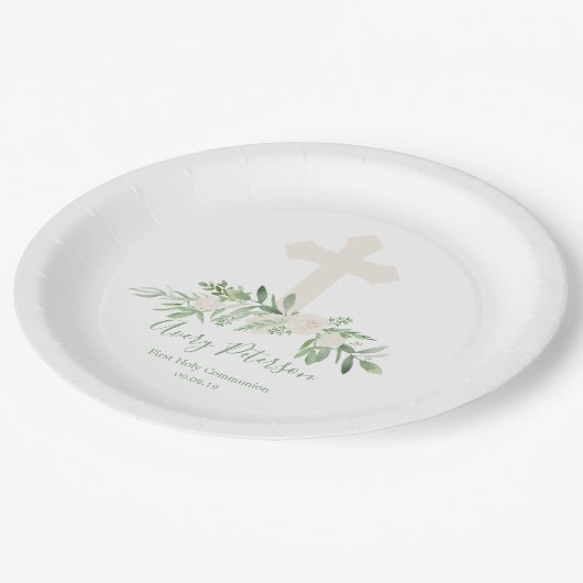 Elegantes Elfenbein-Rosen-Kreuz-erste heilige Pappteller (Schrägansicht)