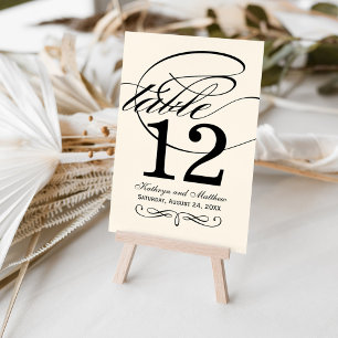 Elegantes Elfenbein-Schwarz-Kalligrafie-Monogramm- Tischnummer