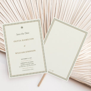 Elegantes Elfenbein und Gold mit grüner Umrandung  Save The Date