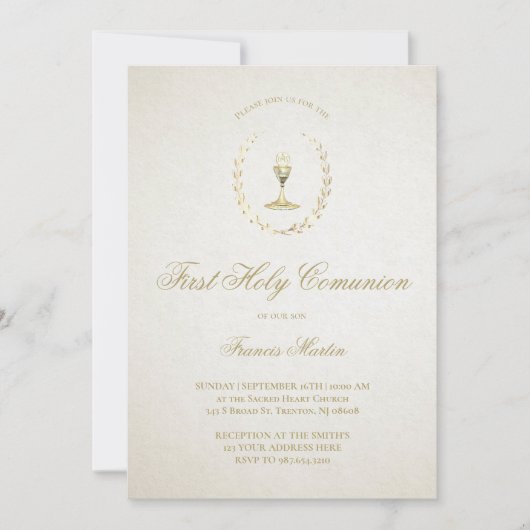 Elegantes Elfenbeinbeige Erste Heilige Kommunion Einladung (Vorderseite)