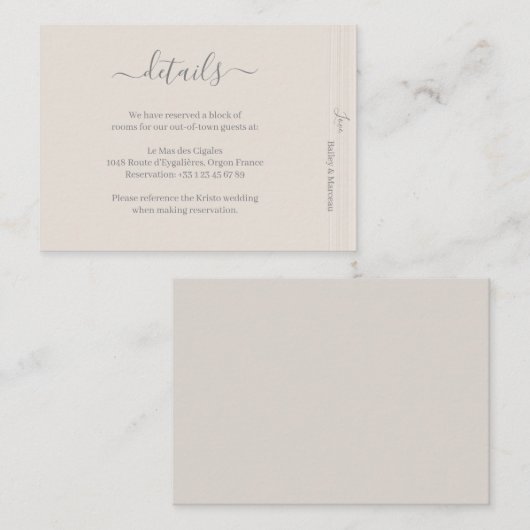 Elegantes Elfenbeinweißes HolzGrain Wedding Hotel Begleitkarte (Vorne/Hinten)