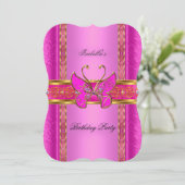 Elegantes Elite Hot Pink Gold Butterfly Party Einladung (Stehend Vorderseite)
